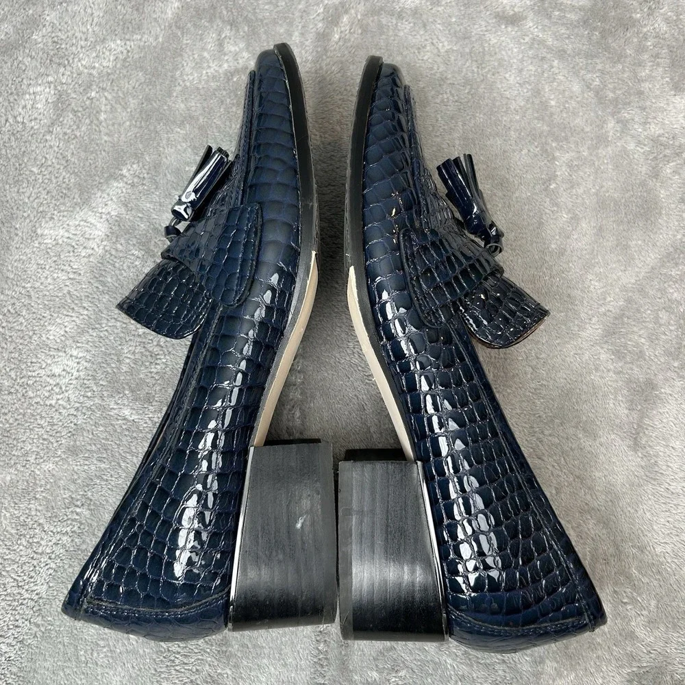 Donald Pliner Avi Croc Embossed Patent Leather Navy Tasseled Shoes Women's 9M